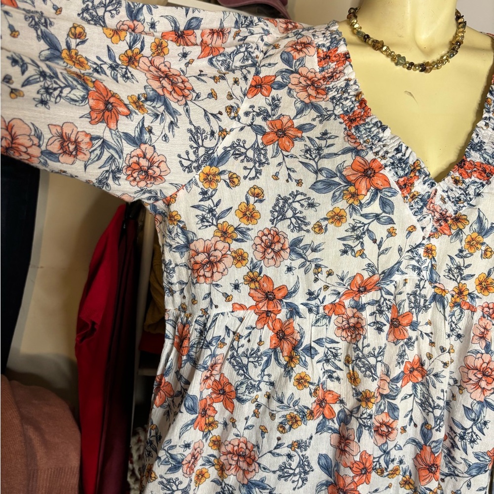 Lucky Brand Floral V-Neck Blouse in Orange and Blue - Picture 2 of 5